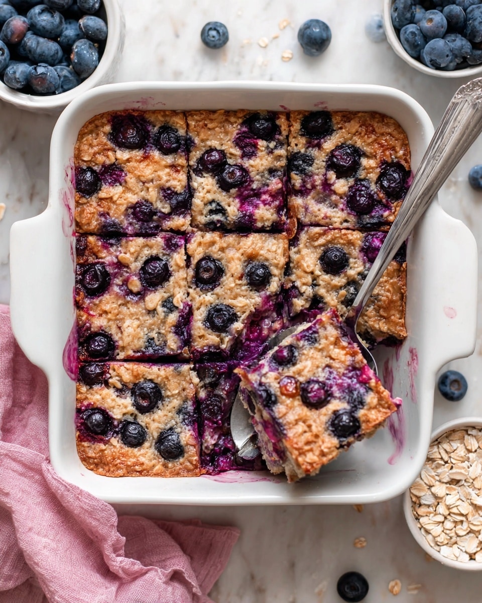 A white square baking dish filled with a baked oatmeal blueberry dish cut into nine pieces; the oatmeal layer is light brown with visible oat flakes, dotted with fresh dark blue and purple blueberries throughout. One piece is being lifted out with a silver spatula, showing a thick and moist texture with blueberries inside that give some purple juice. The dish is placed on a white marbled surface, with scattered blueberries, a small white bowl of blueberries, and a white small bowl filled with dry oats nearby, along with a pink cloth partially visible under the dish. Photo taken with an iphone --ar 4:5 --v 7