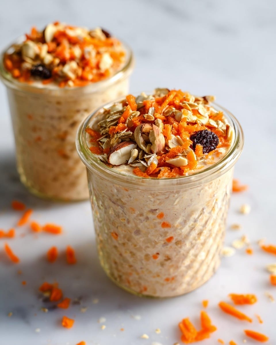 Two clear glass jars sit on a white marbled surface, each filled with a creamy mix that has a soft tan color with small orange specks throughout. The top layer of each jar is covered with a crunchy mix of grated bright orange carrots, light beige oats, dark raisins, and pieces of light brown nuts, creating a textured and colorful topping that contrasts with the smooth base below. Some of the carrot shreds and nuts are scattered around the jars on the surface. The jars have a textured pattern on the outside, adding depth to the image. photo taken with an iphone --ar 4:5 --v 7