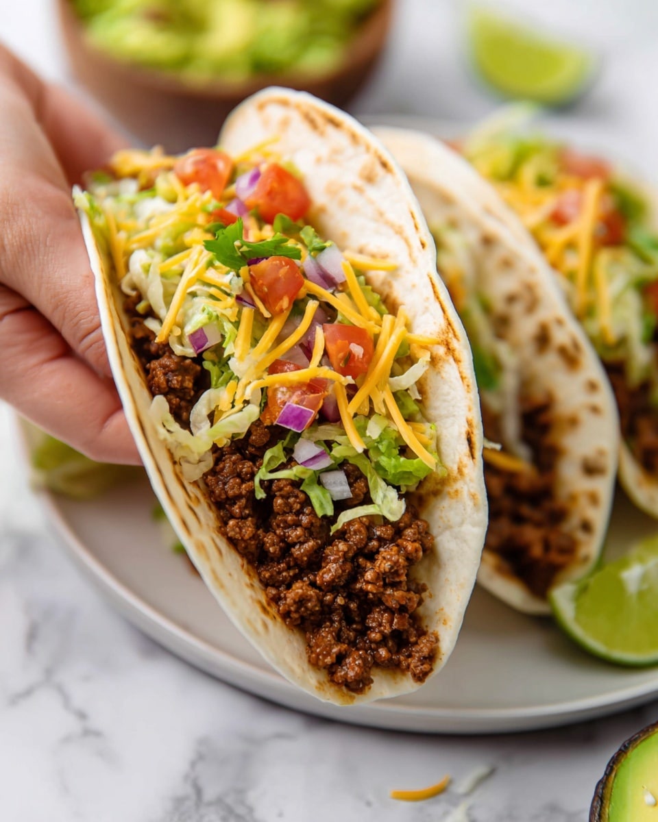 A close-up of a soft flour tortilla taco held by a woman's hand, showing three main layers: the bottom layer is crumbled, cooked ground beef with a rich brown color; the middle layer has shredded lettuce and small diced red onions providing green and purple textures; the top layer has fine shreds of yellow and white cheese mixed with diced red tomatoes, creating a colorful, fresh look. The taco is resting on a white plate with minor grill marks on the tortilla, placed on a white marbled surface, with lime wedges and a bowl of chopped avocado blurred in the background. photo taken with an iphone --ar 4:5 --v 7