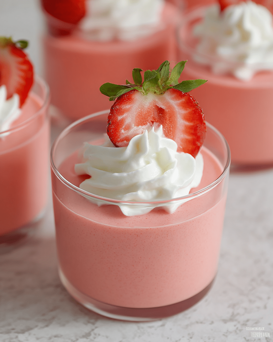 The image shows a clear glass cup filled with a smooth, pink strawberry mousse as the first layer. On top, there is a swirl of fluffy white whipped cream with soft peaks. A fresh strawberry half with red and white colors and green leaves is placed on the whipped cream, standing out as the third layer. The cup is placed on a white marbled texture, and similar cups with the same dessert can be seen partially in the background. Photo taken with an iphone --ar 4:5 --v 7