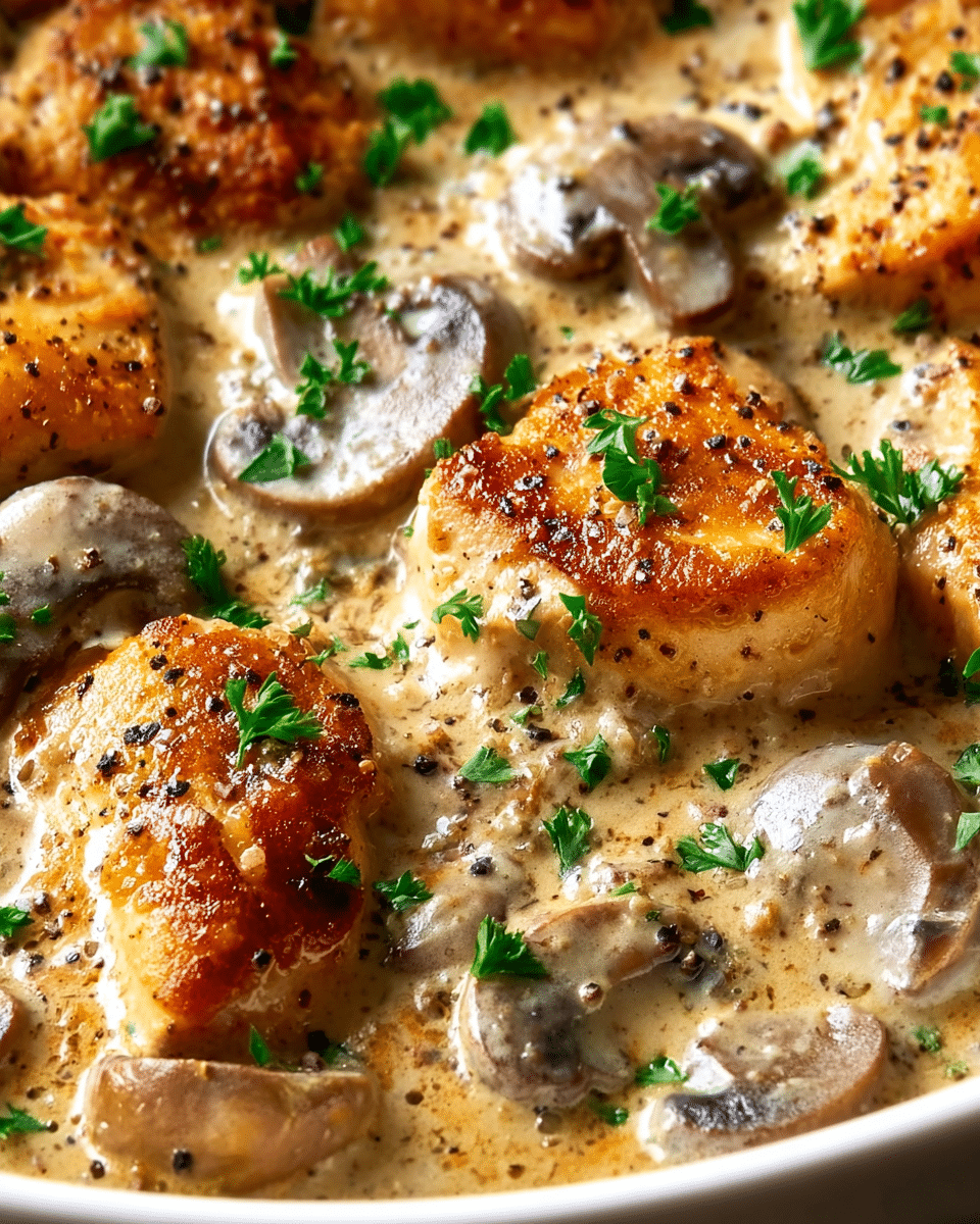 Close-up of a creamy dish with several browned chicken pieces on the top layer, each piece having a golden-brown crust and some black pepper sprinkled on it. Beneath and around the chicken are sliced mushrooms with a soft gray color, partially covered by a thick, light brown cream sauce that looks rich and smooth. Small green parsley leaves are scattered evenly over the whole dish, adding bright green spots of color. The creamy sauce has a slightly bubbly texture and a few specks of black pepper. The dish is inside a white bowl that curves gently at the edges, set on a white marbled texture. photo taken with an iphone --ar 4:5 --v 7