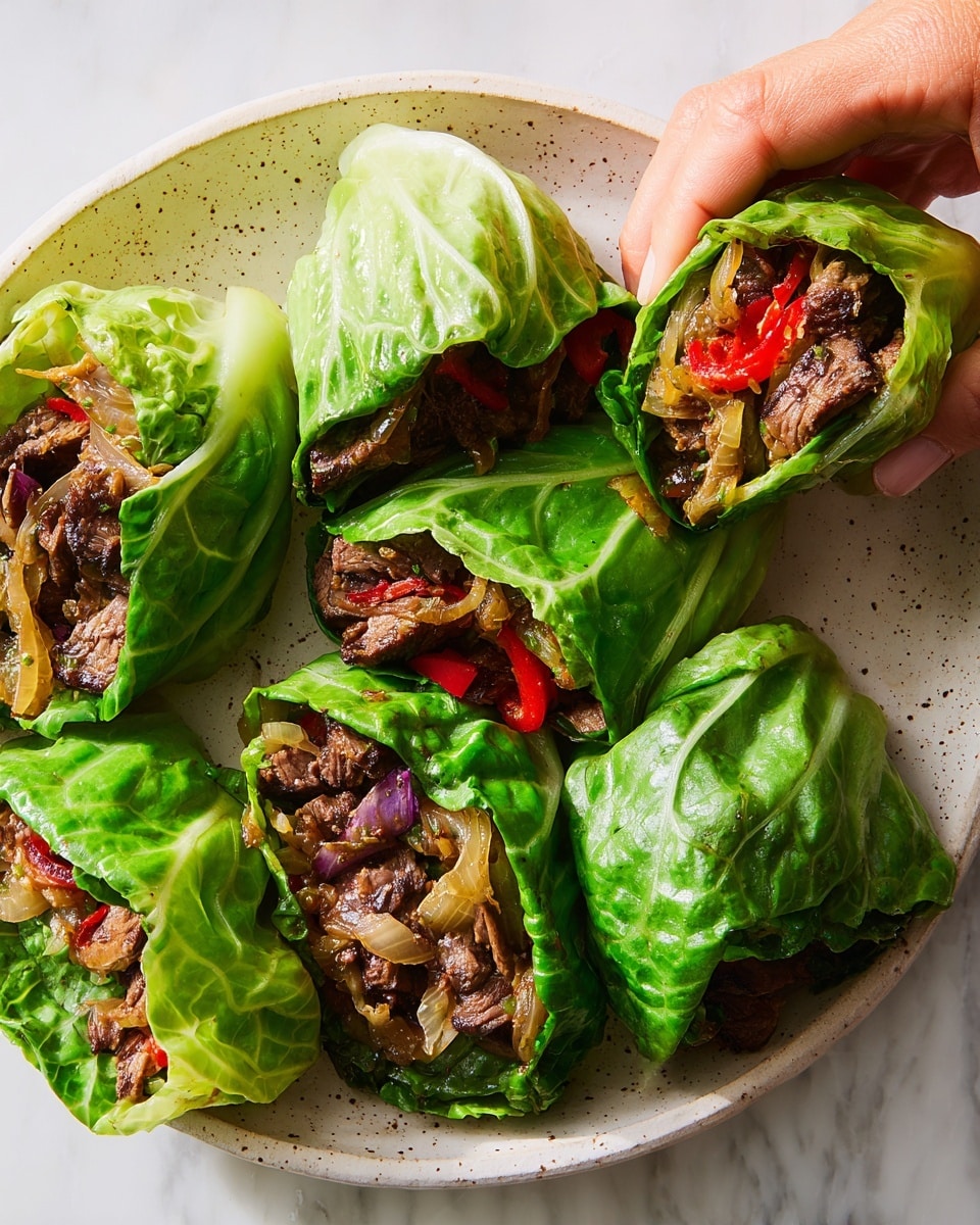 The image shows five leafy green cabbage wraps on a white plate with specks, placed on a white marbled surface. Each wrap has layers starting with the bright green cabbage leaf on the outside, filled with dark brown cooked beef pieces, slices of red bell pepper, and light brown cooked onions, all mixed together inside the wrap. The beef looks tender with a slightly glossy texture, and the red peppers add a pop of color. One wrap is being held by a woman's hand at the top right corner, showing the inside filling clearly. The overall scene looks fresh and healthy with a simple yet vibrant color mix. photo taken with an iphone --ar 4:5 --v 7