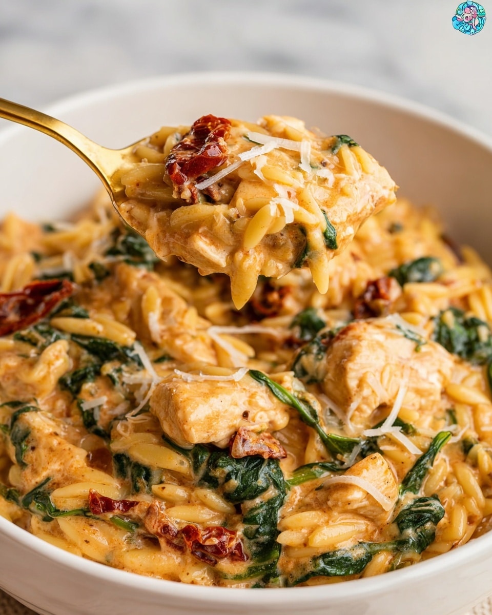 The dish shows a close-up of a creamy, cheesy pasta with three layers visible in a white bowl against a white marbled texture background. The base layer is small, light golden orzo pasta coated with a thick, creamy orange sauce mixed with tender, light brown chicken chunks scattered throughout. The middle layer contains wilted dark green spinach leaves and pieces of dark red sun-dried tomatoes, both mixed evenly in the sauce. The top layer is lightly sprinkled white grated cheese, adding a finishing touch. A gold spoon lifts a portion of the dish, emphasizing the mix of colors and textures. Photo taken with an iphone --ar 4:5 --v 7