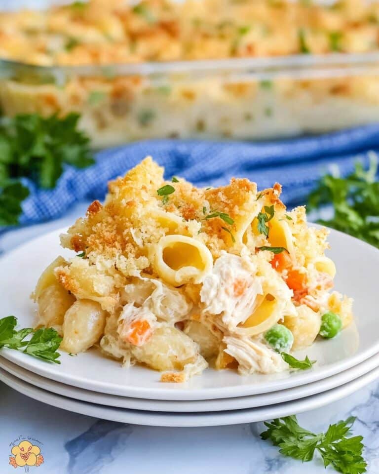 Creamy Chicken Noodle Casserole with Cheddar, Peas, and Panko Topping Recipe