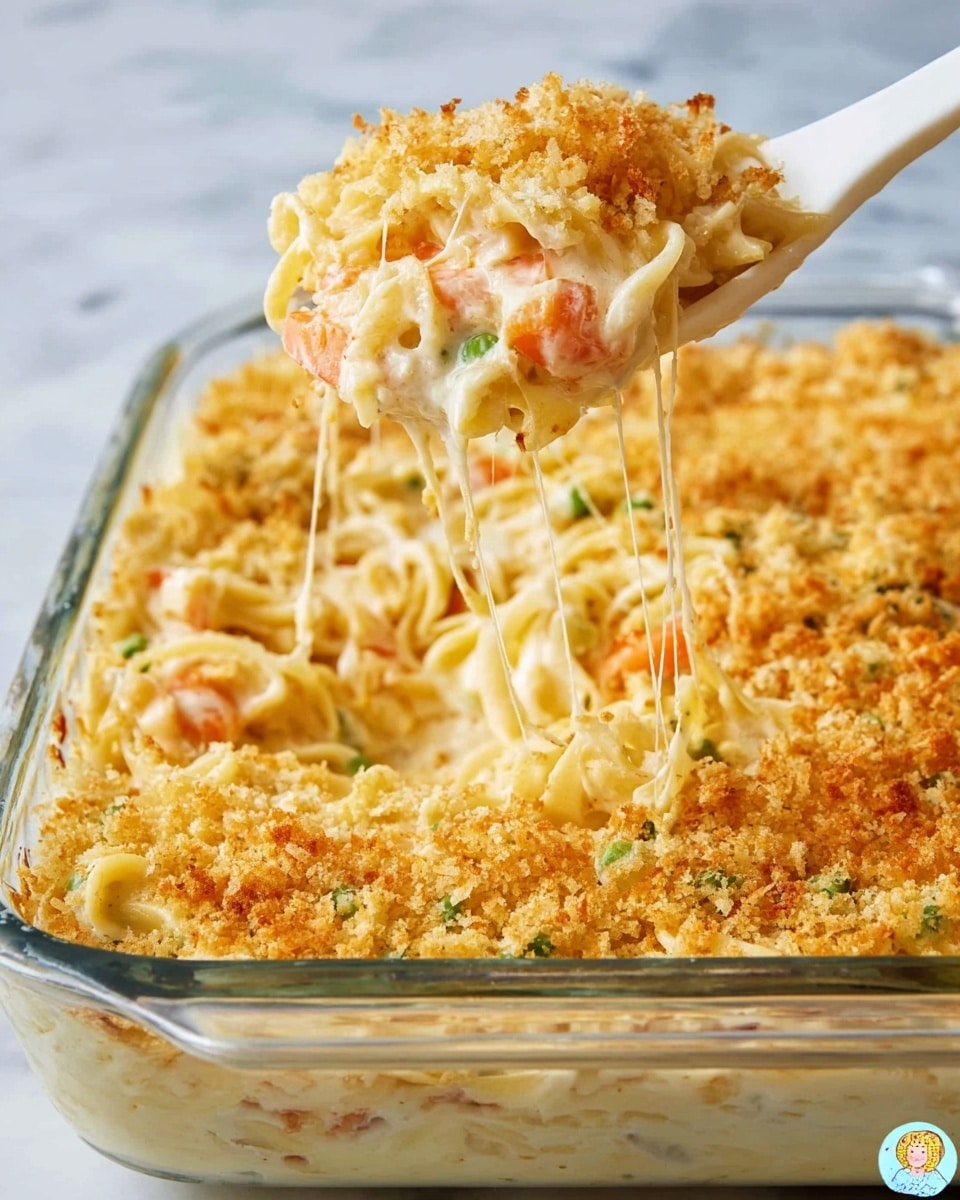 A glass baking dish filled with a creamy pasta casserole showing three main layers: the top layer is golden-brown and crumbly, made of crispy breadcrumbs covering the dish; the middle layer is creamy white cheese sauce with bits of orange melted cheese, giving it a smooth and gooey texture, with some small pieces of green peas and orange carrot visible throughout; the bottom layer is made of light yellow cooked pasta noodles, thick and soft. A white plastic spoon is lifting a scoop of the casserole, showing melted cheese strings stretching from the dish and more pasta and breadcrumbs on the scoop, all on a white marbled surface. Photo taken with an iphone --ar 4:5 --v 7