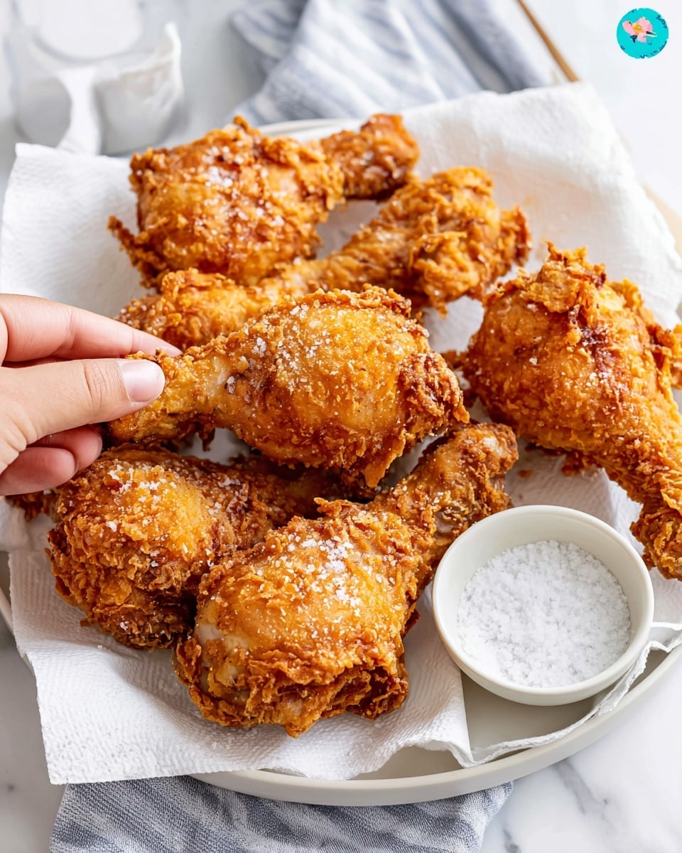 The image shows several pieces of golden brown fried chicken with a very crispy crust sprinkled with coarse salt. The chicken pieces, including drumsticks and thighs, are placed closely together on a white plate lined with a white paper towel. A woman's hand is picking up a large piece of fried chicken from the center, showing the textured, crunchy surface. In the front right, there is a small white bowl filled with coarse salt. The background features a light grey and white fabric on a white marbled surface. Photo taken with an iphone --ar 4:5 --v 7