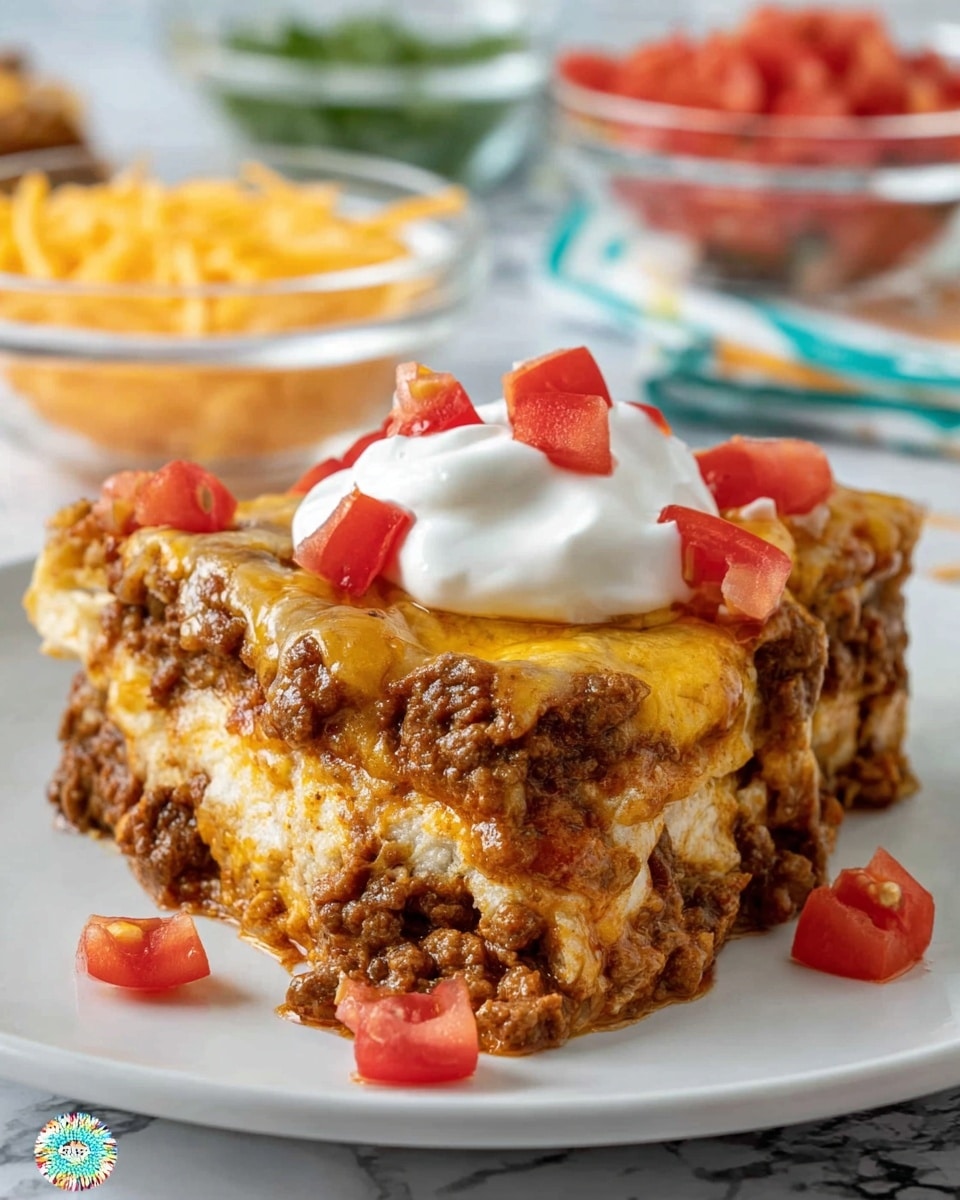 A slice of layered taco casserole on a white plate, showing three thick layers: at the bottom, the reddish-brown ground meat mixed with sauce, the middle layer of creamy melted yellow cheese, and the top layer of browned melted cheese with more ground meat. A dollop of white sour cream sits on top of the slice, topped with small pieces of bright red diced tomatoes. Additional diced tomatoes are scattered around the plate edges. In the blurry background, there are clear glass bowls containing shredded cheese and more diced tomatoes, all set on a white marbled texture surface. photo taken with an iphone --ar 4:5 --v 7