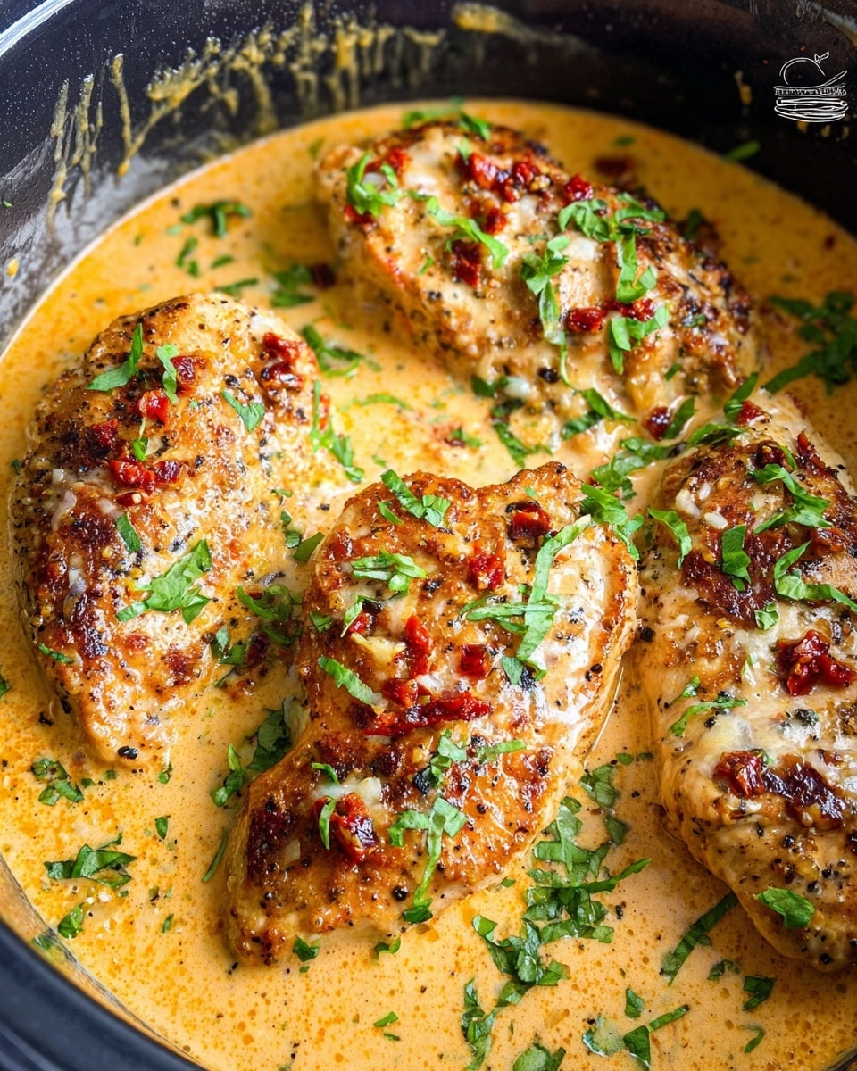 The image shows a close-up of four cooked chicken breasts in a black pot, each piece browned and topped with small red bits and melted cheese. They are covered with a creamy, thick, light orange sauce that fills the pot almost halfway. Bright green chopped herbs are sprinkled all over the chicken and sauce, adding fresh color. The texture of the sauce looks smooth and rich, while the chicken pieces show some crispy edges and seasoning. The photo is vivid and detailed, showing the glossiness of the sauce and the freshness of the herbs. Photo taken with an iphone --ar 4:5 --v 7