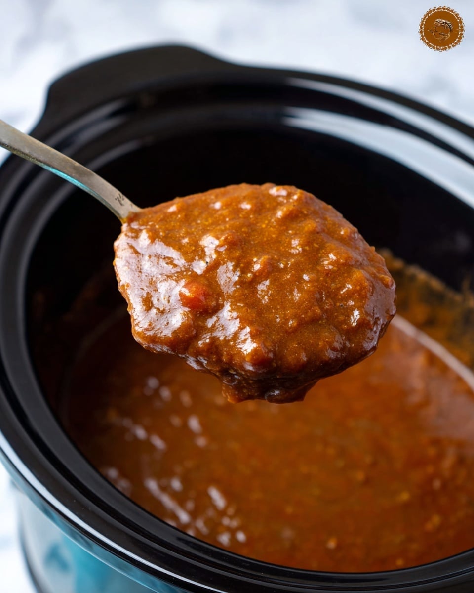 The image shows a close-up of a thick, brown stew with a smooth but slightly chunky texture, lifted by a spoon over a black slow cooker. The stew has a glossy surface with visible small bits inside, suggesting a rich, hearty mixture. The background features a white marbled texture, giving a clean and bright contrast to the dark slow cooker and the warm stew. photo taken with an iphone --ar 4:5 --v 7