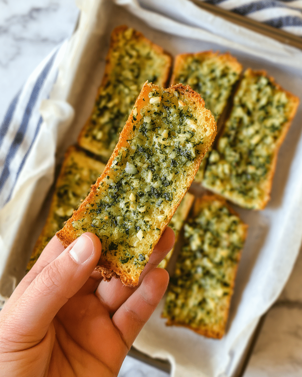 A close-up of a woman's hand holding a single rectangular piece of garlic bread with two visible layers: a golden-brown toasted crust base and a thick top layer of finely chopped green herbs mixed with small pieces of garlic, giving a rough textured look. Below, a white baking tray lined with parchment paper holds several more similar pieces of garlic bread arranged casually, showing the same green and golden toasted topping. The background is a white marbled surface with a hint of a striped cloth at the edge. photo taken with an iphone --ar 4:5 --v 7