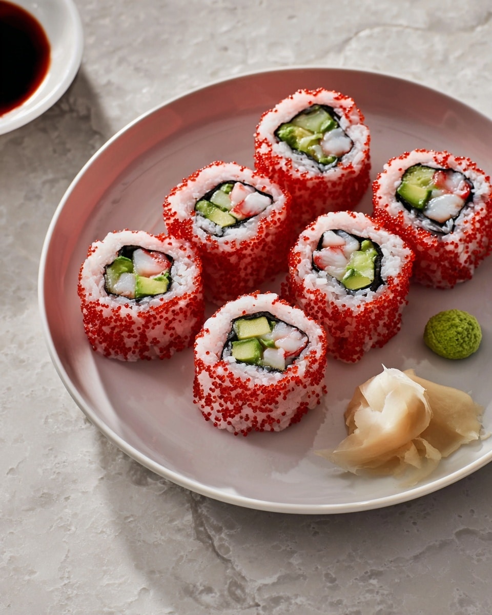 Six sushi rolls are arranged on a white plate with a smooth, matte finish. Each roll has four visible layers: the outermost layer is pinkish-red with small, round fish roe covering sticky white rice beneath. Inside the rice is a thin, dark black seaweed layer wrapped around the fillings, which consist of green avocado chunks, light green cucumber pieces, and a white shrimp or crab meat center. To the right edge of the plate, pale yellow pickled ginger and a small dollop of green wasabi are placed. The plate is sitting on a white marbled textured surface. photo taken with an iphone --ar 4:5 --v 7