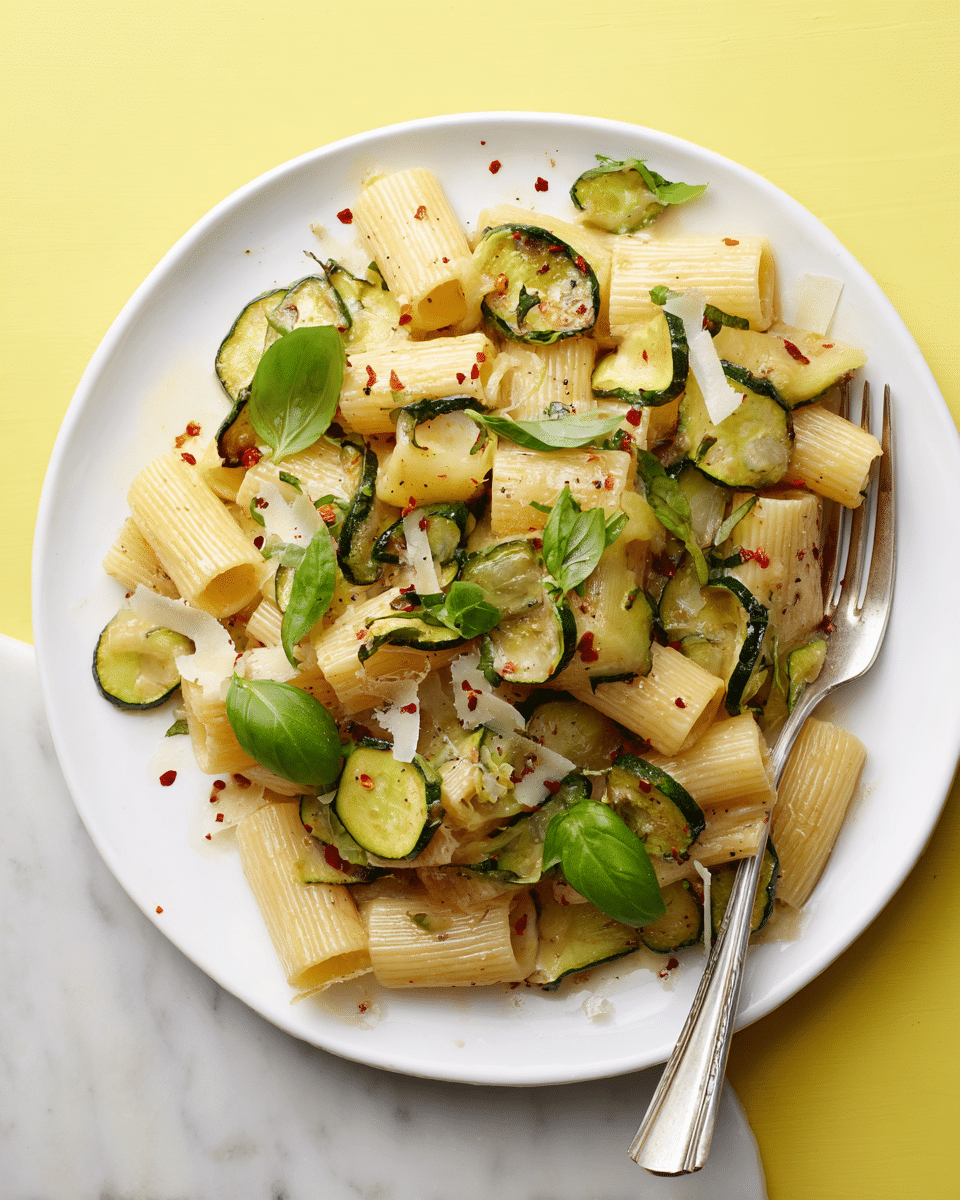 The dish shows rigatoni pasta with three main layers: the first layer is pale yellow rigatoni pasta tubes cooked al dente, the second layer includes slices of bright green zucchini with a slightly roasted texture, and the third layer consists of fresh green basil leaves scattered on top. Tiny red chili flakes and thin shavings of white cheese are sprinkled evenly over the pasta. There is a shiny light sauce coating the rigatoni and zucchini pieces. A silver fork with a basil leaf rests on the right side of the white plate, which is placed on a white marbled surface. Photo taken with an iphone --ar 4:5 --v 7