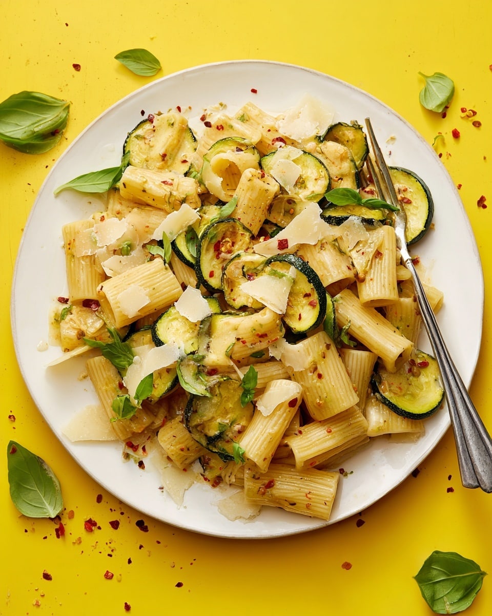 The image shows a white plate filled with rigatoni pasta mixed with slices of sautéed zucchini, fresh green basil leaves, and thin sprinkles of red chili flakes. The pasta is coated in a light, creamy sauce with a slightly shiny texture. Scattered thin shavings of pale yellow cheese sit on top, adding a slight texture contrast. A metal fork rests on the right side of the plate with a basil leaf on its handle. The plate is set on a bright yellow surface with a few scattered basil leaves and chili flakes around it. Photo taken with an iphone --ar 4:5 --v 7