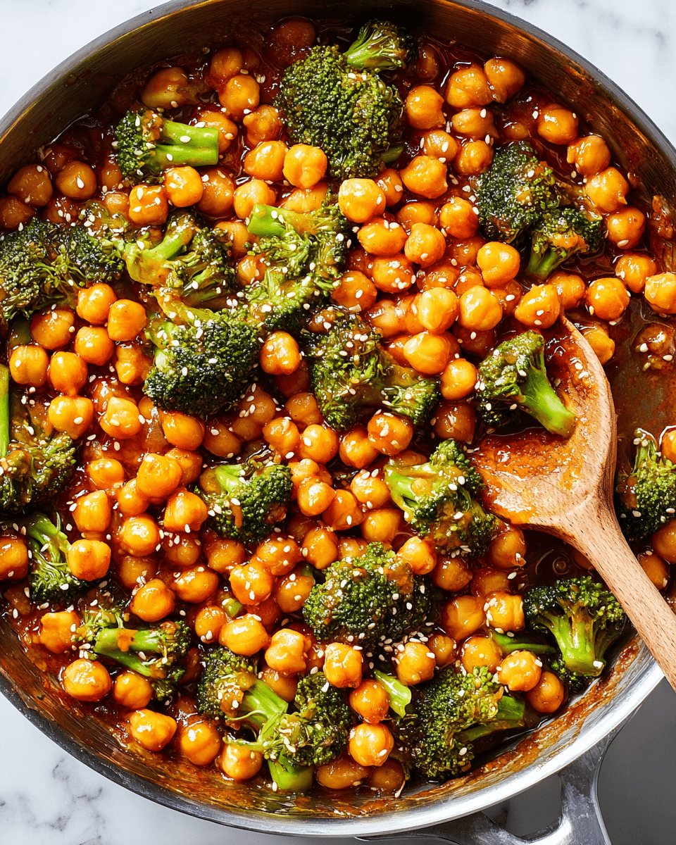 A close-up of a pan filled with cooked chickpeas and broccoli florets coated in a thick, shiny orange sauce. The chickpeas are small, round, and smooth with a warm orange color, while the broccoli pieces are bright green with visible texture on the florets. Sesame seeds are sprinkled over the dish, adding small white and tan spots. A wooden spoon rests inside the pan, partially covered by the chickpeas and broccoli. The pan sits on a white marbled surface. photo taken with an iphone --ar 4:5 --v 7