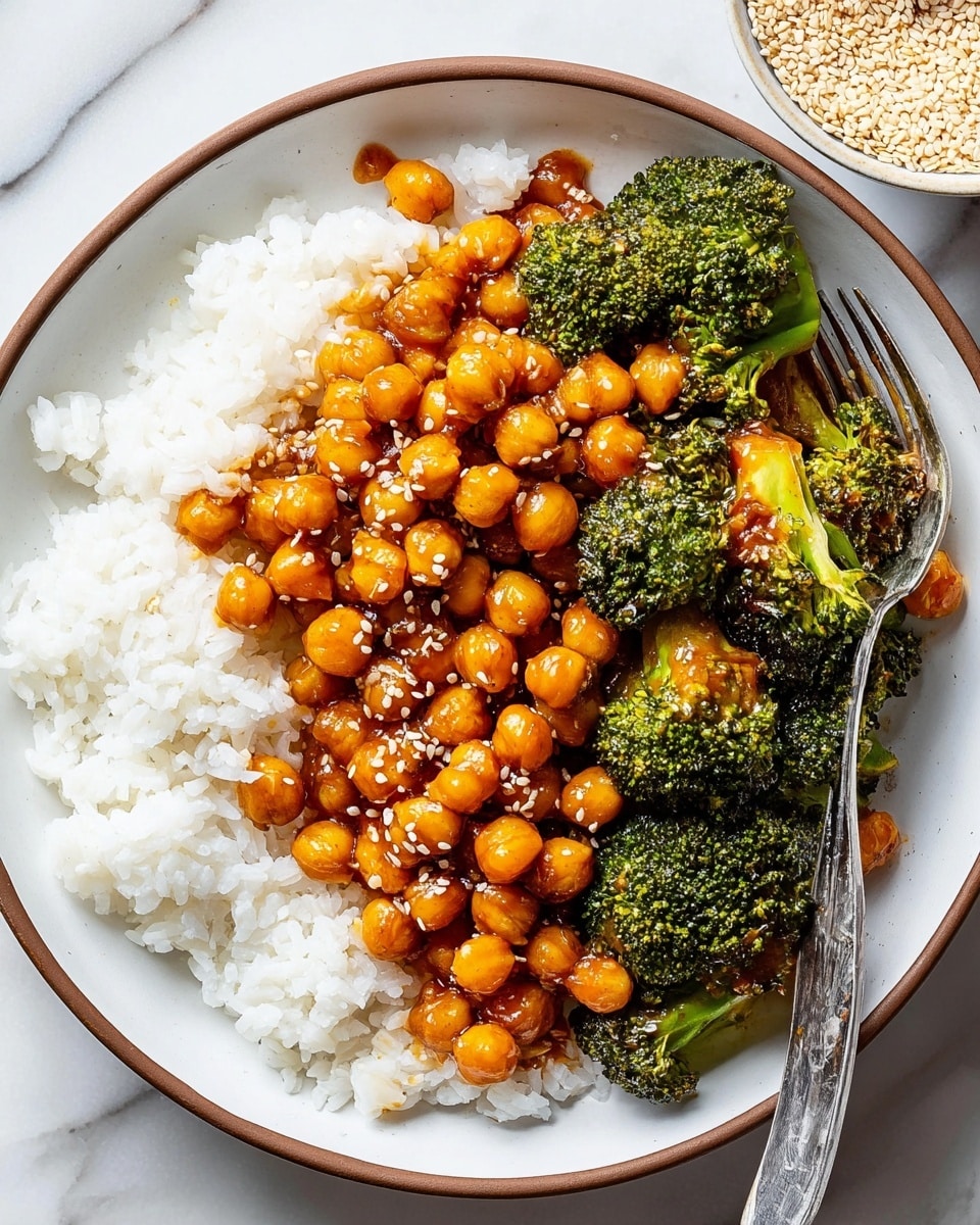 A white plate with a brown rim holds a dish divided into two parts: on the left, there is a layer of white rice with a fluffy texture; on the right, there is a mix of glossy, orange-brown chickpeas coated in sauce, scattered among bright green broccoli florets with a slightly roasted texture. Light tan sesame seeds are sprinkled on top, adding small, crunchy details. A metal fork rests on the right side of the plate, partially immersed in the chickpea and broccoli mix. The plate is placed on a white marbled surface, and part of a small bowl filled with more sesame seeds is visible at the top right corner. Photo taken with an iphone --ar 4:5 --v 7