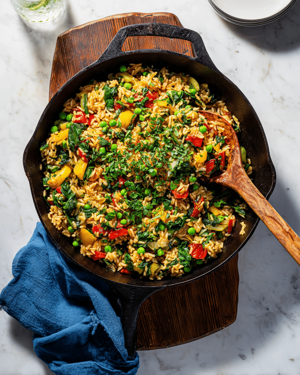 A black cast iron skillet filled with cooked rice mixed with bright green peas, spinach leaves, yellow squash slices, red bell pepper pieces, and onions, all stirred together with finely chopped green herbs on top. The texture is soft and slightly moist from the mix of vegetables and rice, with some leafy greens scattered throughout. A wooden spoon rests in the skillet, partly buried under the colorful vegetable and rice mix. The skillet sits on a wooden board next to a folded blue cloth napkin, all placed on a white marbled surface. photo taken with an iphone --ar 4:5 --v 7