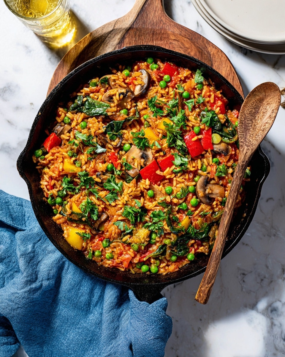 A black cast iron pan filled with a mixed vegetable rice dish sits on a wooden board over a white marbled surface. The dish has several visible layers: a base of cooked rice colored light orange with tomato sauce, scattered bright green peas, and chunks of red bell pepper. There are also yellow squash slices and bits of mushrooms mixed in, with dark green spinach leaves and fresh parsley sprinkled on top. A wooden spoon rests inside the pan, partially covered by the colorful, textured mix. A blue cloth is draped near the skillet's edge. photo taken with an iphone --ar 4:5 --v 7