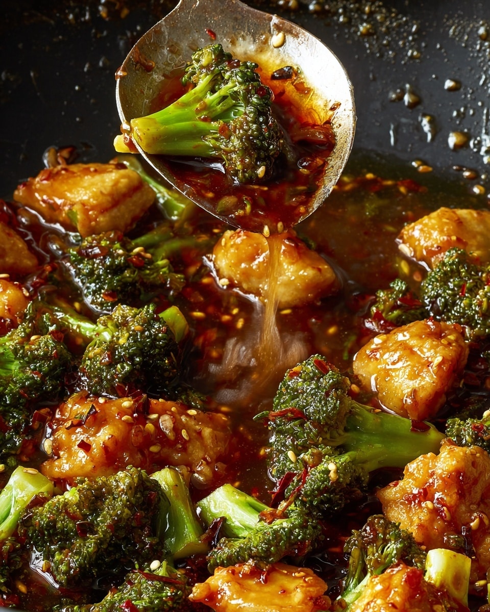 The image shows a close-up of a cooked dish with broccoli and bite-sized pieces of chicken in a thick, glossy reddish-brown sauce with visible chili flakes and sesame seeds. The broccoli is bright green with a slightly charred texture, and the chicken is golden brown with a crispy coating under the sauce. A silver spoon is lifting some broccoli and chicken, dripping the sauce back into the pan. The background surface is black with some sauce splatters. photo taken with an iphone --ar 4:5 --v 7