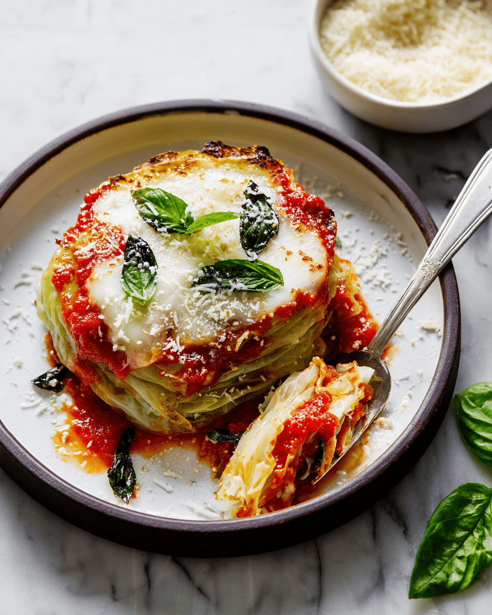 The dish shows a stack of three layers of cooked cabbage leaves, each pale green with slight browning at the edges, layered with bright red tomato sauce and melted golden cheese on top. Fresh green basil leaves are placed on the melted cheese, and grated white cheese is sprinkled around and on top. The food sits on a white plate with a dark brown rim, with a silver fork holding a small piece of the layered cabbage, sauce, and cheese to the right. A few green basil leaves lie on the white marbled surface beside the plate, and a white bowl filled with grated cheese is partially visible on the upper right. Photo taken with an iphone --ar 4:5 --v 7