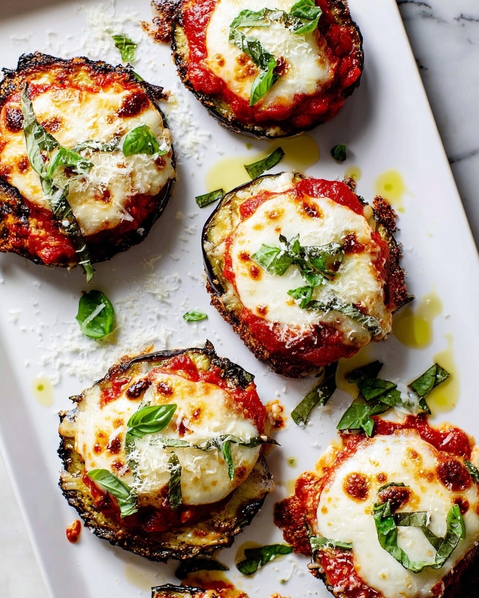 The image shows five pieces of baked eggplant parmesan on a white rectangular tray with a white marbled surface underneath. Each piece has three visible layers: the bottom layer is golden and slightly charred eggplant slices, the middle layer is bright red tomato sauce, and the top layer is melted, bubbly white mozzarella cheese with browned spots. Fresh green basil leaves are scattered over the cheese, and small drops of olive oil glisten on the tray, along with some grated parmesan cheese sprinkled around. The pieces are close but not touching, creating a casual and appetizing arrangement. Photo taken with an iphone --ar 4:5 --v 7