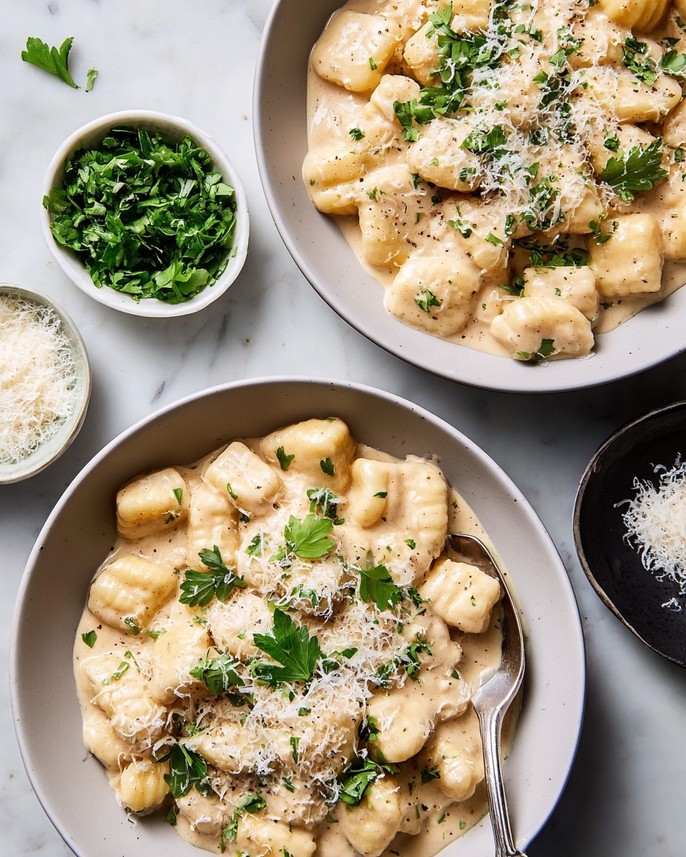 Two white bowls filled with small, soft gnocchi covered in a thick, creamy beige sauce are placed on a white marbled texture. Each bowl has about two layers of gnocchi beneath the sauce, with a light sprinkling of finely grated cheese and small green parsley leaves on top. To the top left side of the image, there are two small white bowls; one contains finely chopped fresh green parsley, and the other holds a mound of grated cheese. A silver spoon is partially visible in the bottom bowl, resting inside the food. Photo taken with an iphone --ar 4:5 --v 7