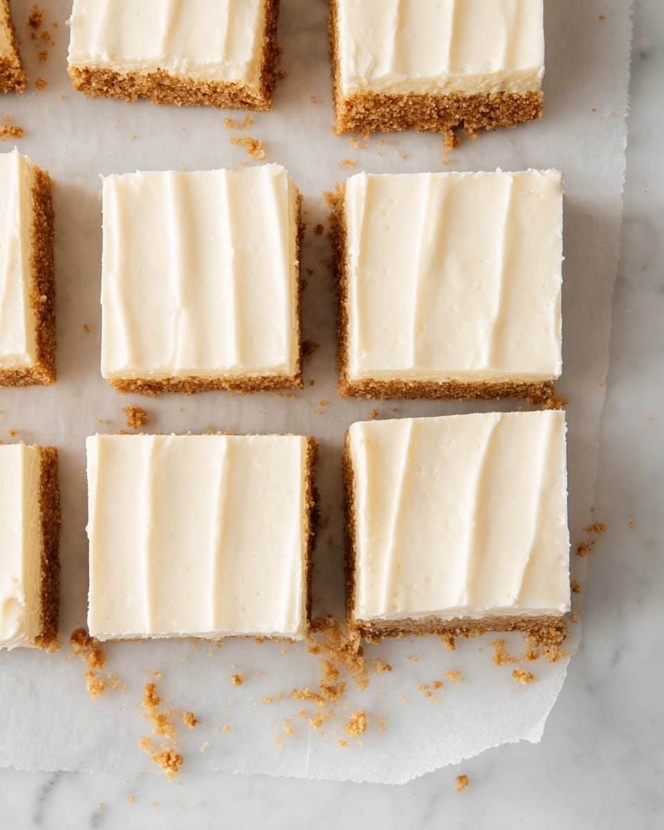 The image shows nine square dessert bars arranged in a grid on a white marbled surface covered with a sheet of parchment paper. Each bar has two layers: a bottom golden-brown crumbly base that looks like a graham cracker crust, and a thick, smooth, creamy off-white top layer with slight vertical texture from spreading. Some crumbs are scattered on the surface around the parchment. Photo taken with an iphone --ar 4:5 --v 7