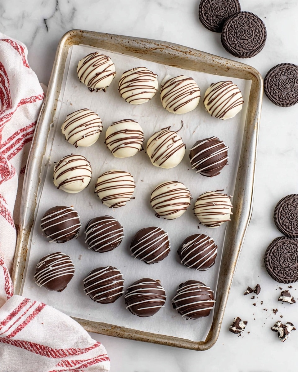 The image shows a baking sheet lined with white parchment paper placed on a white marbled surface. On the sheet, there are 18 round truffles arranged in three rows. The top two rows are white truffles with smooth texture and dark chocolate drizzled lines across the tops. The bottom row has dark chocolate truffles with smooth texture and white chocolate drizzled lines across the tops. To the right side of the baking sheet, there are whole and broken Oreo cookies scattered on the white marbled surface. A white and red striped cloth is visible at the bottom left corner of the image. Photo taken with an iphone --ar 4:5 --v 7