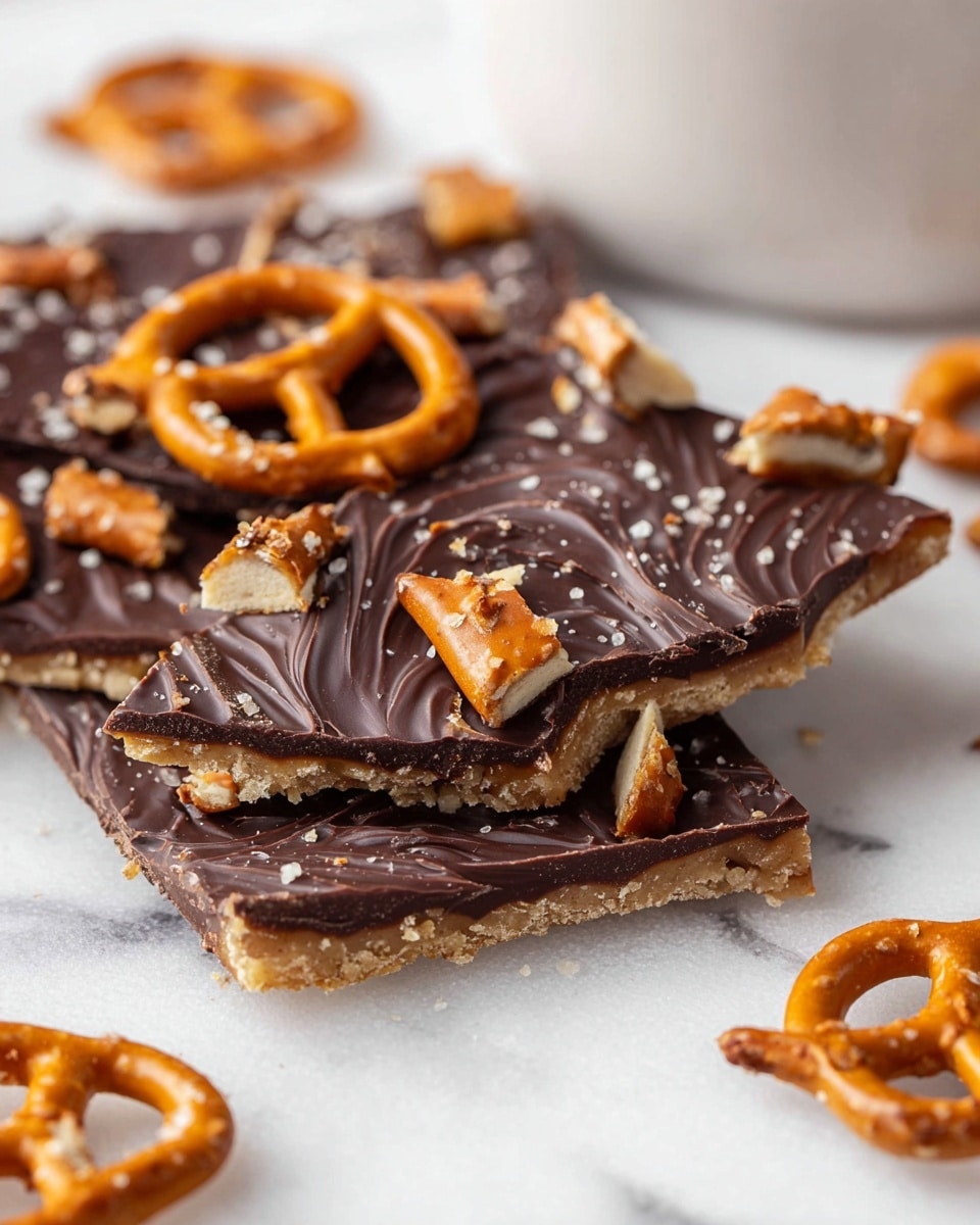 The image shows broken pieces of chocolate bark with light brown pretzel chunks scattered on top. The bark has two visible layers: a bottom light tan, crumbly layer, and a thicker, smooth, dark brown chocolate layer on top with a slight swirl texture. The pieces are placed on a white marbled surface, with some whole pretzels and crumbs spread around. In the background, there is a white cup partly visible. Photo taken with an iphone --ar 4:5 --v 7