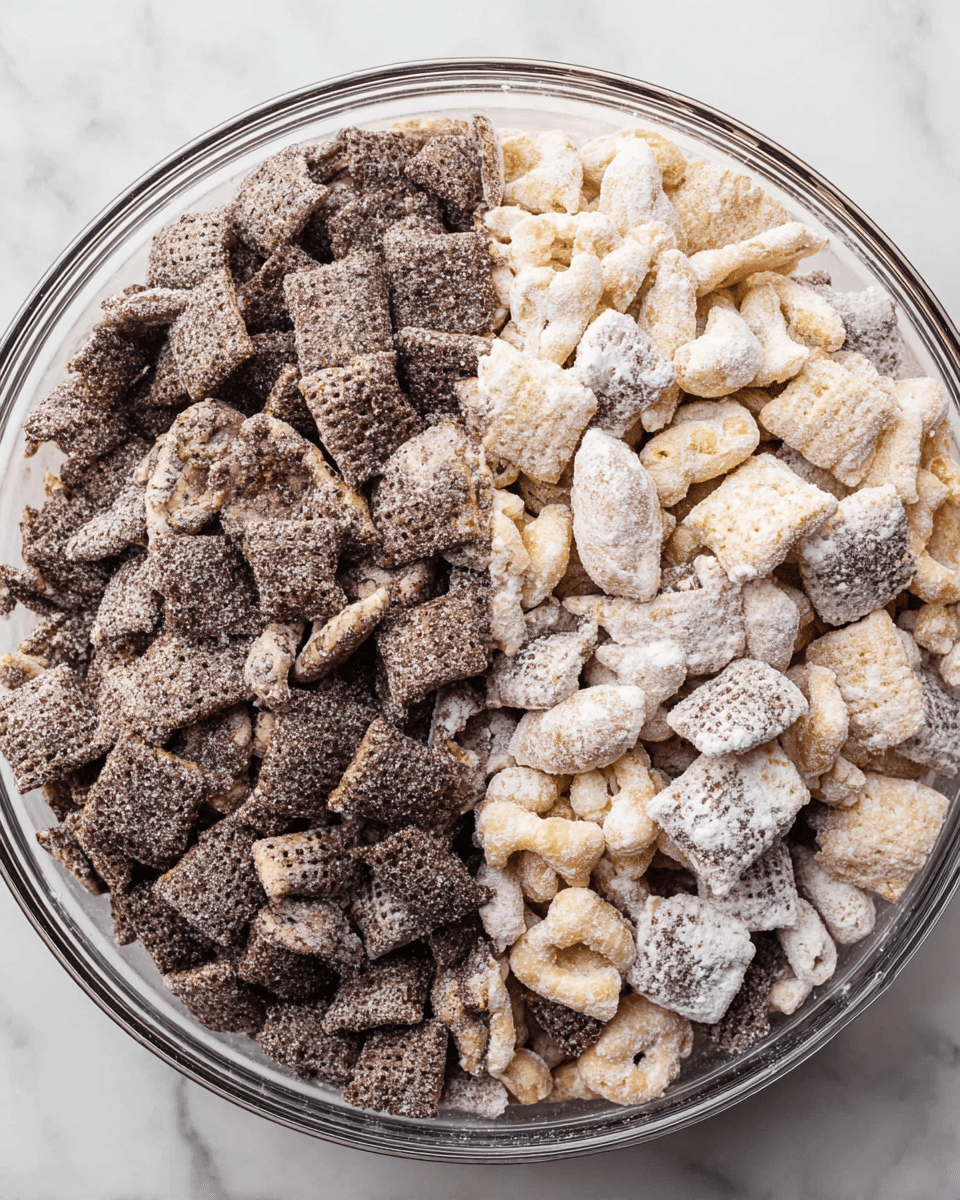 A clear round bowl filled with two main layers of cereal mix, split evenly down the center. On the left side, dark brown crispy square and irregular shaped pieces covered in a powdery coating form a thick layer with a rough texture. On the right side, off-white and light beige square and curved cereal pieces with a bumpy texture and a dusting of white powder create a contrasting layer. The bowl sits on a white marbled surface. photo taken with an iphone --ar 4:5 --v 7