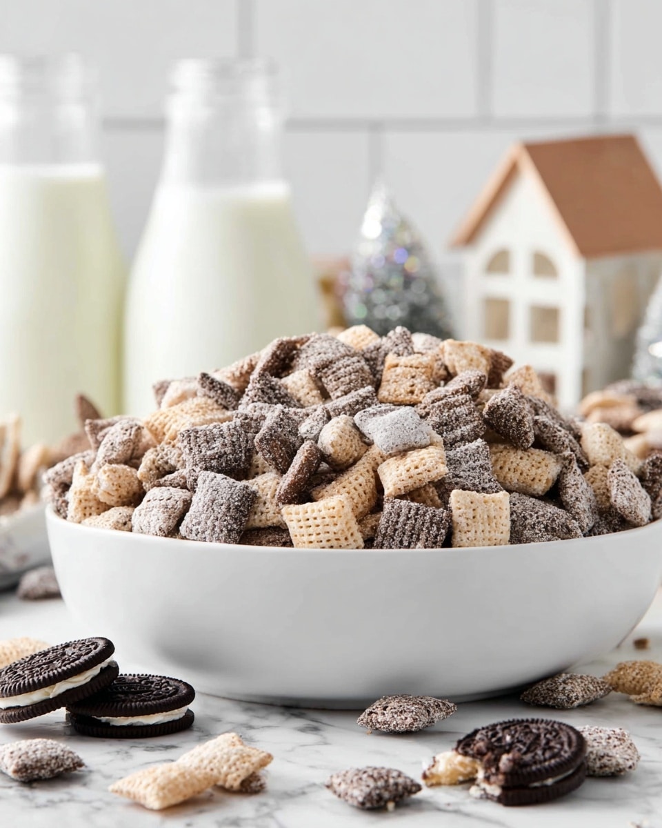 A large white bowl is filled with a heap of two-layered snack mix, where the first layer consists of light beige, square cereal pieces with a rough, crunchy texture, and the second layer has darker brown cereal pieces coated in a white powdery substance, both mixed evenly. Scattered around the bowl on a white marbled surface are pieces of the same snack mix along with a couple of dark brown sandwich cookies with white filling, one whole and one broken, revealing the creamy center. In the blurred background, there are two clear glass bottles filled with milk and a small, white decorative house, adding a homely feel. photo taken with an iphone --ar 4:5 --v 7