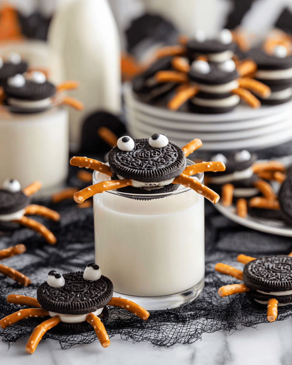 A clear glass filled with white milk has one Oreo cookie on top, made to look like a spider with two candy eyes on the top cookie layer and six small pretzel sticks sticking out around the sides as legs, showing the white cream middle between two dark chocolate cookies; around the glass on a black mesh cloth are more Oreo spiders, one broken in half showing its white cream and candy eyes, and in the background are more Oreo spiders on a white plate and a white milk bottle, all set on a white marbled surface. photo taken with an iphone --ar 4:5 --v 7