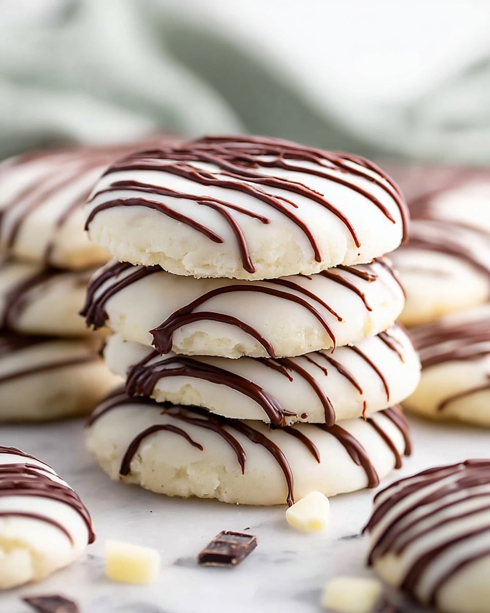 A close-up view of several round cookies covered in a smooth white layer with dark chocolate drizzled in thin stripes on top, each cookie showing a slightly thick and soft texture under the coatings. The cookies are stacked slightly overlapping on a white marbled surface, creating a neat, inviting pile. The white coating looks glossy and creamy, while the dark chocolate drizzle adds contrast with its rich, shiny texture. A few scattered white and dark chocolate pieces are visible on the surface around the cookies, adding to the sweet setting. photo taken with an iphone --ar 4:5 --v 7