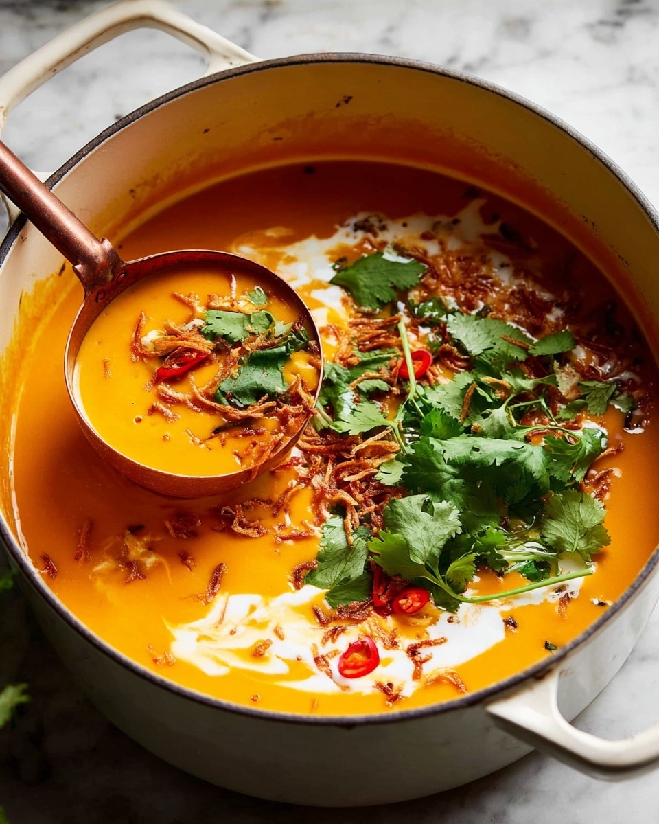 A thick, smooth orange soup fills a large white pot, with a layer of white cream swirled on top near the center. Bright green fresh cilantro leaves cover parts of the surface, along with thin slices of red chili peppers and golden-brown crispy fried shallots scattered over the soup. A copper ladle sits inside, scooping some soup, showing the creamy texture and toppings closely. The pot is on a white marbled surface. photo taken with an iphone --ar 4:5 --v 7