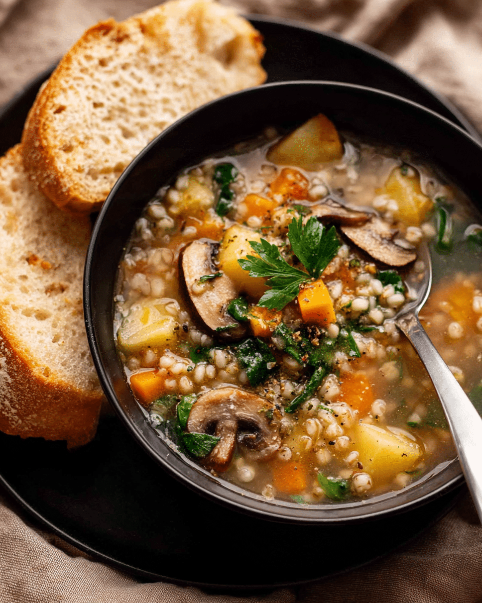 A close-up of a black bowl filled with clear broth soup containing small light brown barley grains, sliced brown mushrooms, small cubes of orange carrot, yellow potato pieces, and bits of green spinach, topped with fresh green parsley leaves, placed on a black plate next to two pieces of golden-brown crusty bread. A silver spoon is inside the bowl, resting on the edge. The bowl and plate are set on a soft brown fabric with a natural texture. photo taken with an iphone --ar 4:5 --v 7