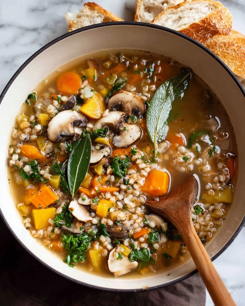 This image shows a white pot filled with a clear broth soup that has many layers of ingredients. The bottom layer is a light brown broth with grains like barley. Floating inside are chopped orange carrots, yellow bell peppers, white and brown sliced mushrooms, and green leafy herbs such as parsley. A large bay leaf rests near the center. There is a wooden spoon on the right side stirring the soup. Around the pot, pieces of a cut baguette bread sit on a white marbled surface. photo taken with an iphone --ar 4:5 --v 7