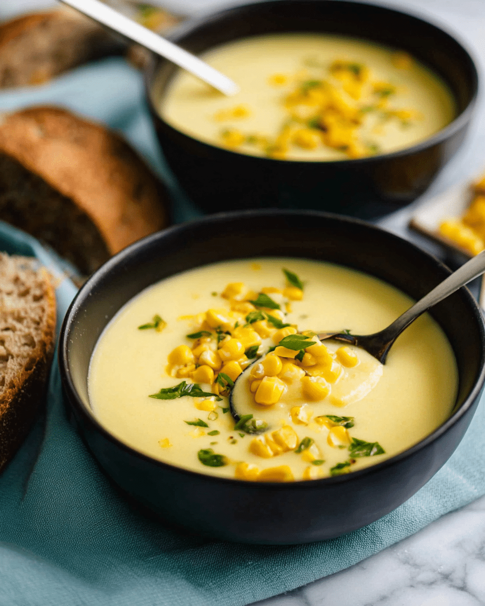 The image shows two black bowls filled with a creamy yellow corn soup topped with small bright yellow corn kernels and green chopped herbs, likely scallions. One bowl is in the foreground with a silver spoon scooping the soup, showing the smooth texture and small chunks of corn inside. Behind it is a second bowl also filled with the soup and topped similarly. In the bottom part of the image, pieces of brown bread are visible. The setting includes a light blue cloth underneath the bowls and a white marbled surface. photo taken with an iphone --ar 4:5 --v 7