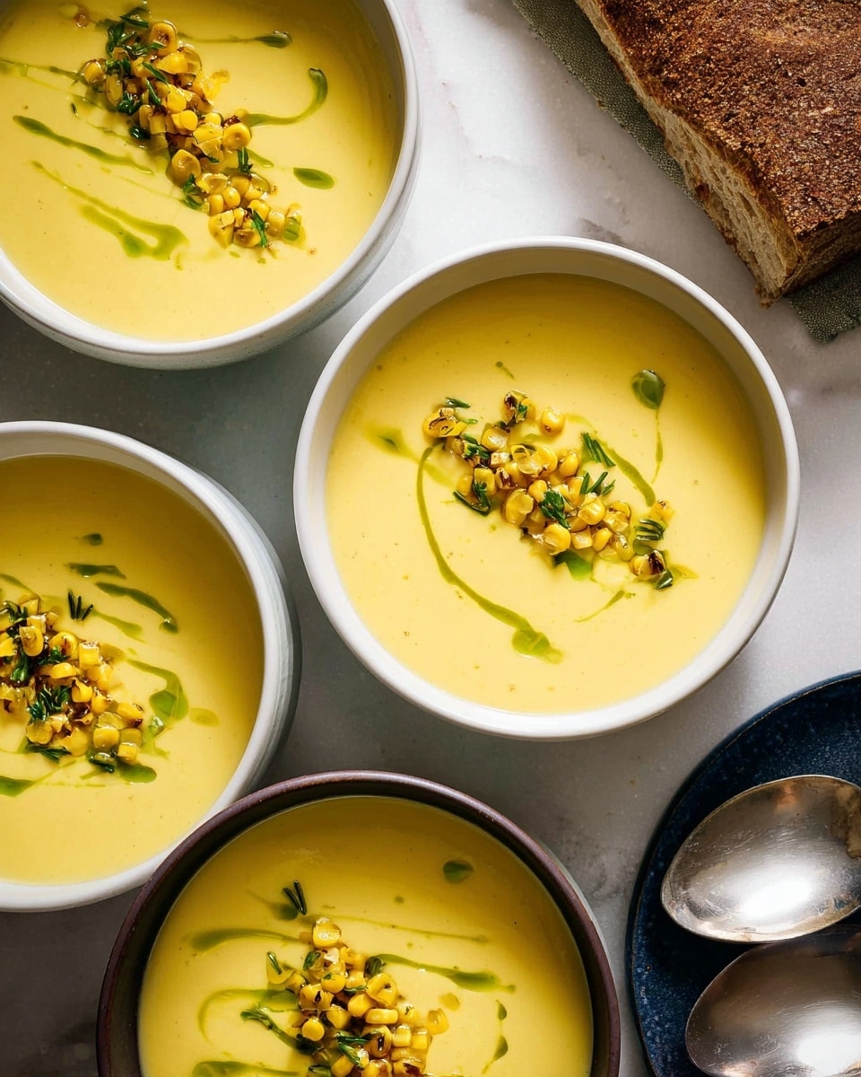 There are four white bowls filled with smooth, yellow soup placed on a white marbled surface. Each bowl has a topping in the center composed of small yellow corn kernels and small green herb pieces, arranged in a narrow line. Over the topping, there are thin green oil drizzle marks running diagonally. Near the top right corner, a silver spoon rests next to a piece of brown bread with a rough texture. The overall setting is bright with soft natural light. Photo taken with an iphone --ar 4:5 --v 7
