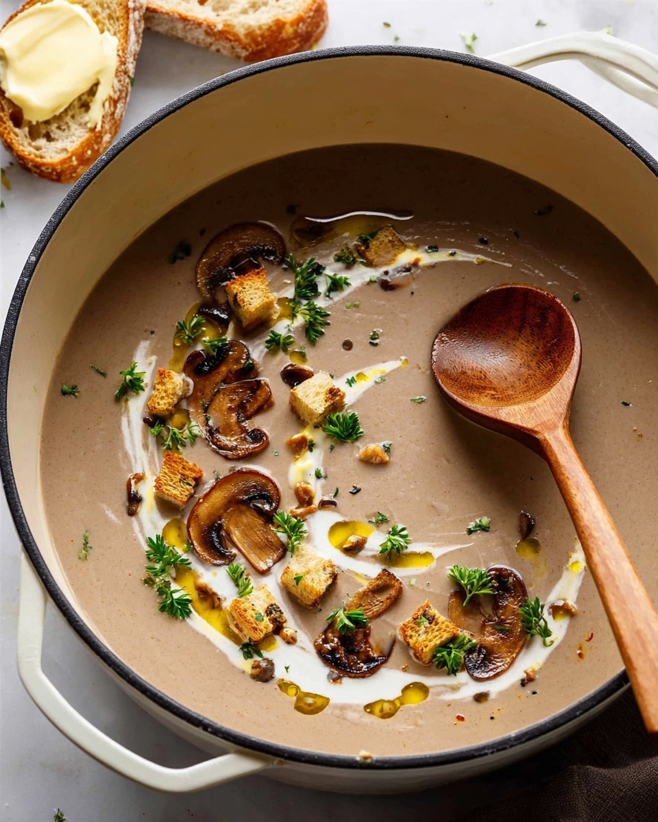 The image shows a creamy mushroom soup in a large white pot with a light brown smooth base. On top of the soup, there are several thin slices of cooked mushrooms, small golden-brown croutons, and scattered bright green parsley leaves. A swirl of white cream and a drizzle of golden olive oil add texture and color contrast to the surface. A wooden spoon is partially submerged in the soup, resting inside the pot, and a piece of bread with a spread of butter is blurred in the background on a white marbled surface. photo taken with an iphone --ar 4:5 --v 7