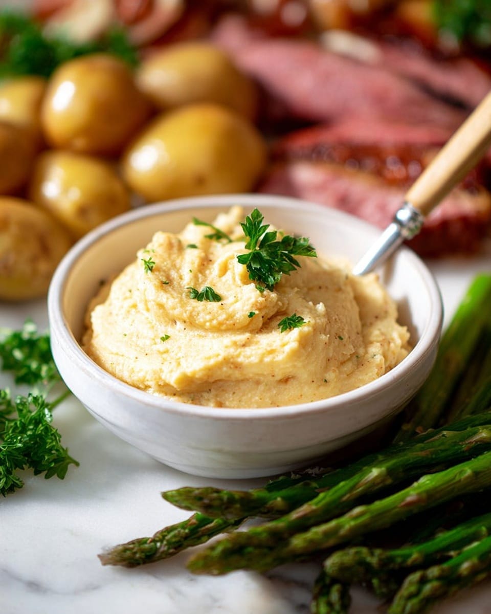 A white bowl filled with a creamy, light beige mashed potato mixture topped with a small green parsley leaf sits in the center. A silver spoon with a light wooden handle rests inside the bowl. Surrounding the bowl are bright green cooked asparagus spears in the foreground, with a cluster of small golden potatoes and slices of pinkish-red cooked meat layered in the blurred background. All is set on a white marbled surface. photo taken with an iphone --ar 4:5 --v 7