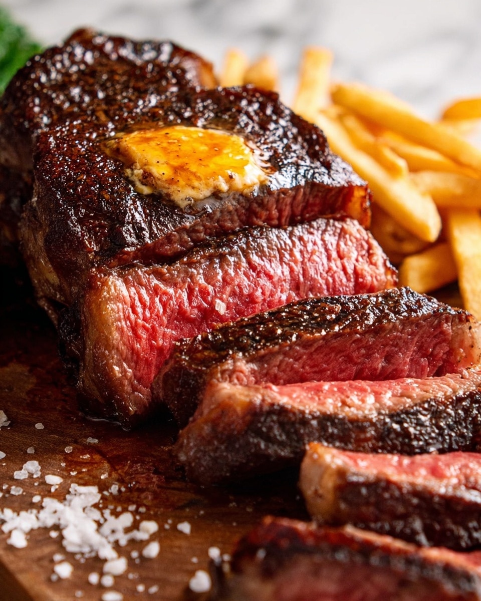 A juicy steak is shown sliced into several thick pieces, with a dark brown, crispy crust on the outside and a bright pink, tender inside. On top of the steak is a dollop of golden, melted butter with an orange hue, adding a creamy texture. The steak is on a wooden surface with some coarse salt sprinkled around, and in the blurry background, some light golden French fries can be seen. The scene is set on a white marbled texture. Photo taken with an iphone --ar 4:5 --v 7