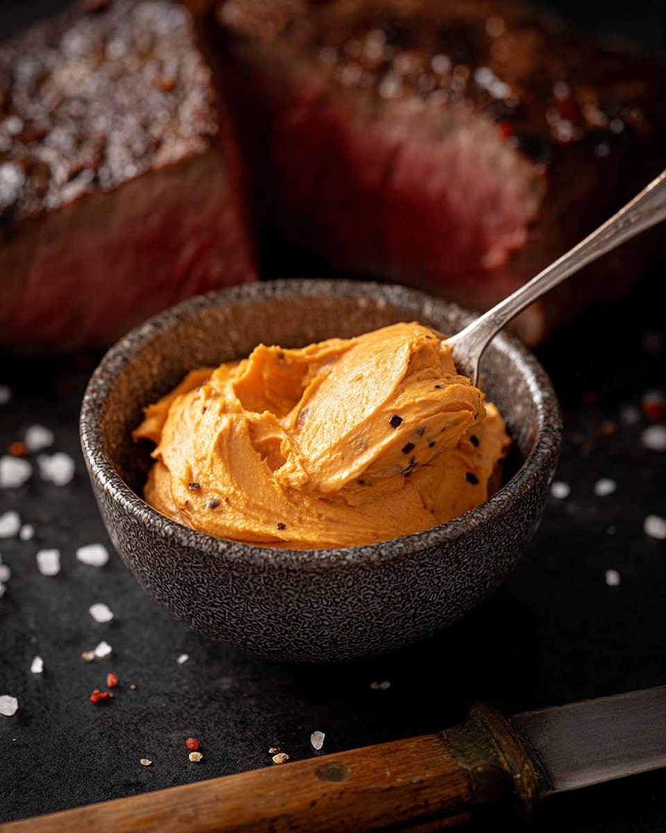 A small, textured bowl filled with smooth, rich, orange-colored butter-like spread, with visible small dark specks. A silver spoon rests inside the bowl, holding a scoop of the spread that appears creamy and thick. Behind the bowl, two pieces of juicy, medium-rare steak with a dark seared crust and pink interior are visible. The setting is on a dark surface with scattered salt crystals. A knife with a wooden handle is partially visible at the bottom edge, beneath the bowl. photo taken with an iphone --ar 4:5 --v 7