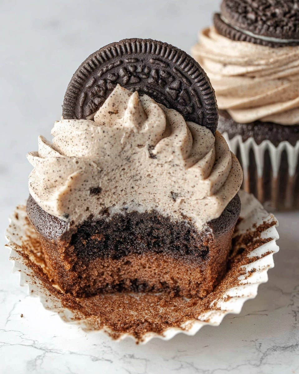 The image shows a close-up of two cookies and cream cupcakes on a white surface with a white marbled texture. Each cupcake has three visible layers: a dark chocolate Oreo cookie base set into the white cupcake liner, a rich, moist chocolate cake layer in the middle, and a light brown creamy frosting with specks of crushed cookies on top. One cupcake displays a whole Oreo cookie embedded upright in the frosting, while the other has a half Oreo cookie placed flat on the frosting. The overall look is textured and rich, highlighting the crumbly cake and smooth frosting contrast. photo taken with an iphone --ar 4:5 --v 7