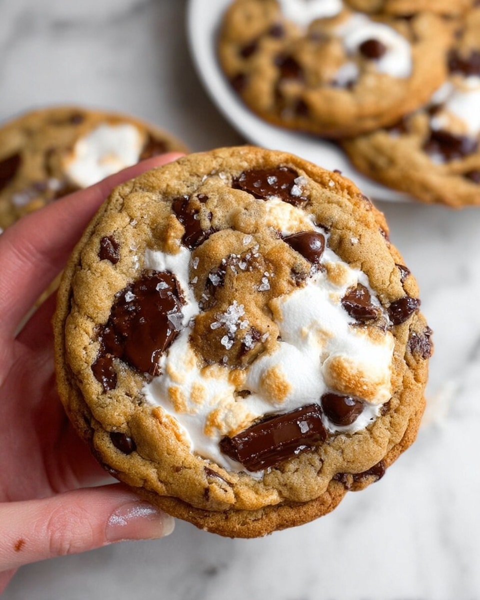A close-up view of a single large chocolate chip cookie held by a woman's hand, showing a golden-brown baked texture with slightly crispy edges and a soft center. The cookie is studded with shiny, melted dark chocolate chips and chocolate chunks. A gooey white melted marshmallow spreads irregularly across the surface, blending with the cookie dough and adding a glossy, creamy texture. Some coarse salt sprinkles lightly over the top, adding contrast. In the blurred background, there are more cookies resting on a white plate on a white marbled surface. Photo taken with an iphone --ar 4:5 --v 7