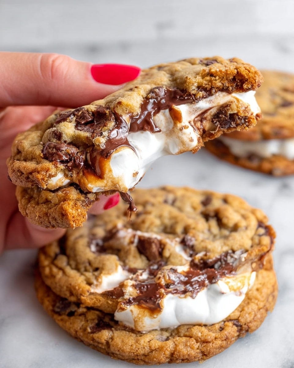 A close-up of a large cookie being pulled apart by a woman's hand with bright red nails, showing stretching white marshmallow in the center mixed with melted dark brown chocolate. The cookie is golden brown with a rough and chunky texture, filled with chocolate chips and visible gooey marshmallow. Below it, another cookie lies flat on a white marbled texture background, also containing melted marshmallow and chocolate chunks. Photo taken with an iphone --ar 4:5 --v 7