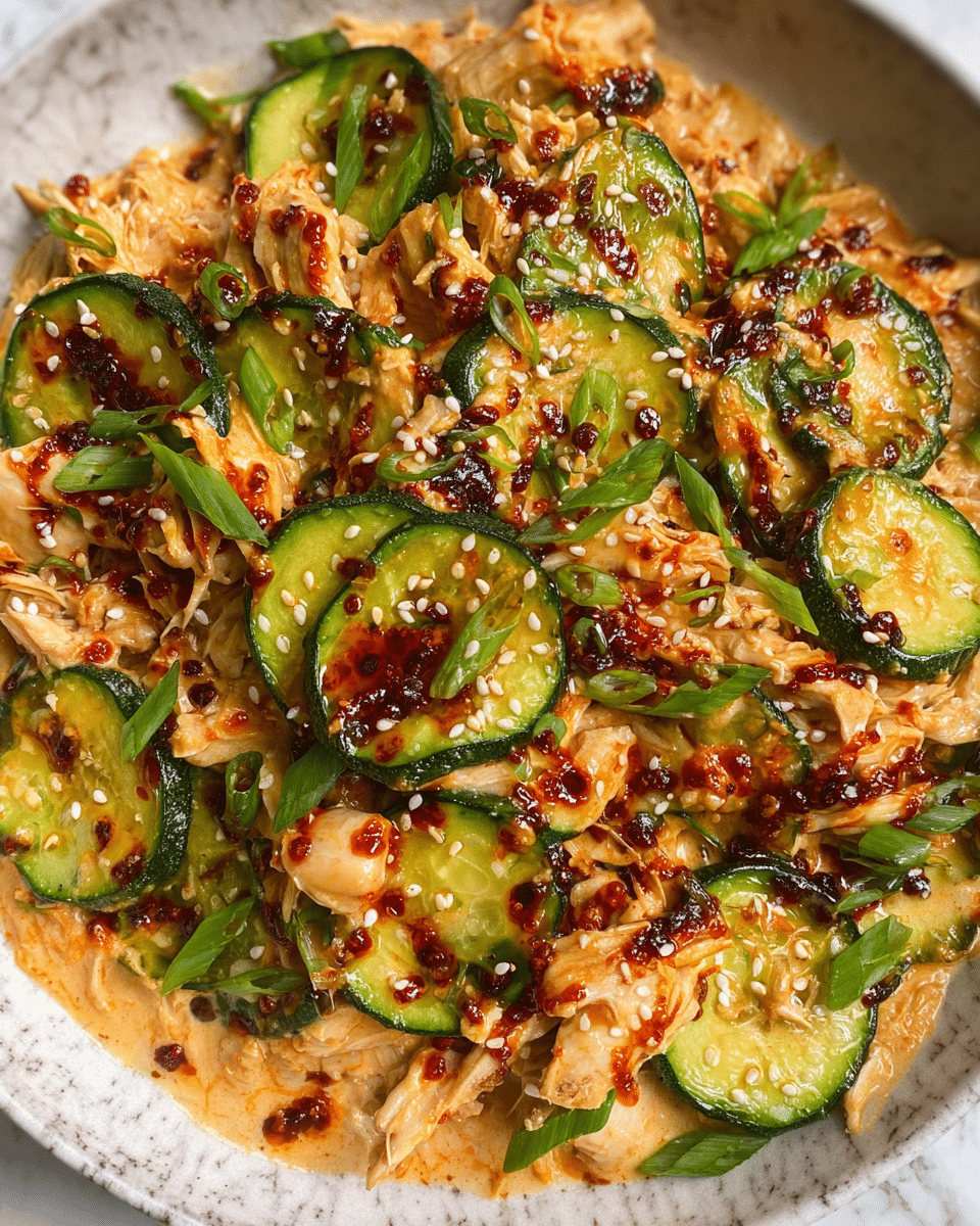This close-up image shows a dish with a mix of shredded chicken pieces in a creamy light orange sauce spread across the plate as the base layer. On top, thin slices of cooked green cucumber with slightly charred golden edges are scattered evenly, adding a fresh contrast. The dish is garnished with dark red chili oil droplets, white sesame seeds, and chopped green onions which add texture and color variation. The background is a white marbled texture. Photo taken with an iphone --ar 4:5 --v 7