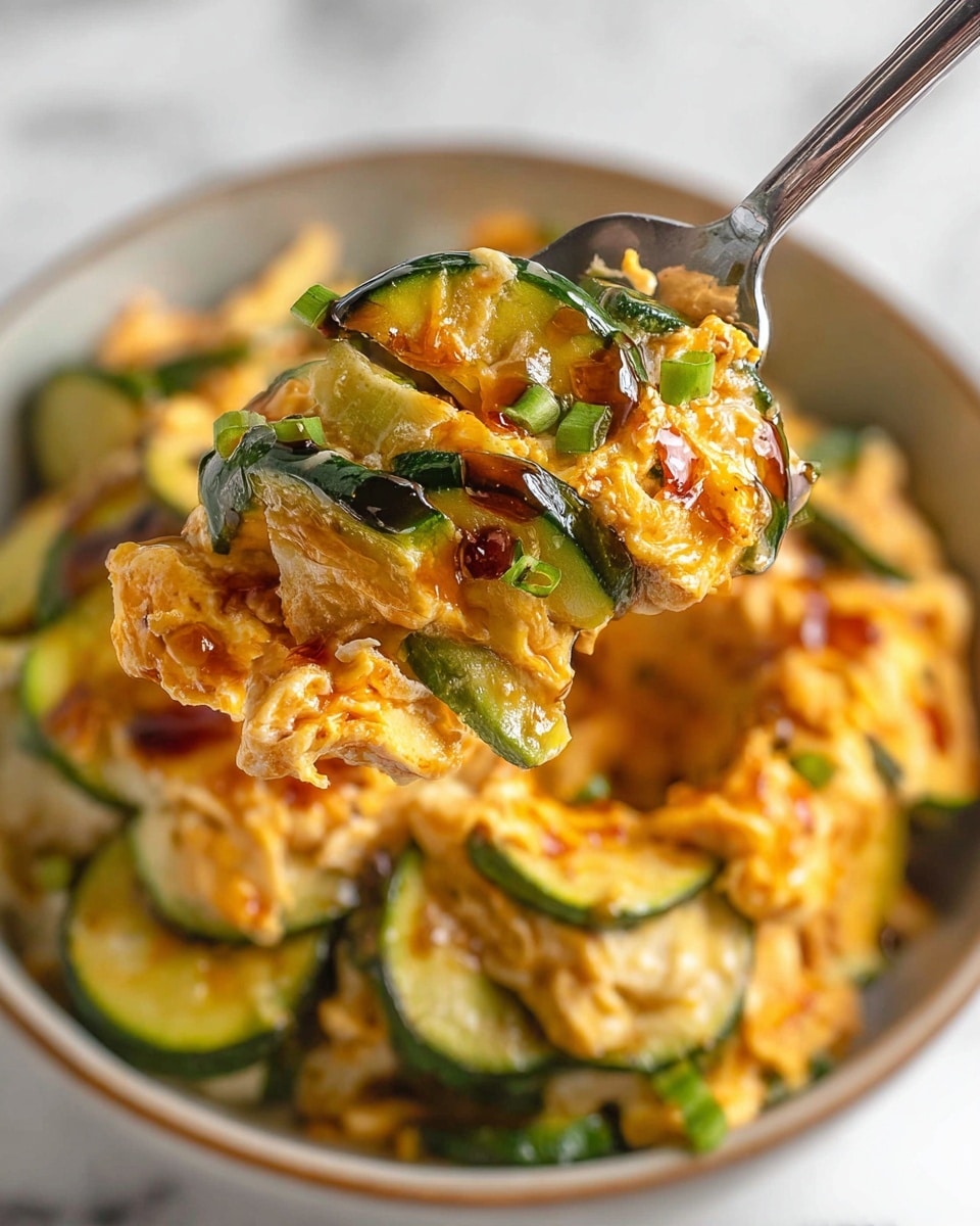 A close-up of a fork holding a bite of scrambled eggs mixed with sliced, cooked zucchini. The zucchini slices are green with charred edges and mixed evenly with the soft, fluffy, orange-tinted scrambled eggs. There are small pieces of green onion or herbs sprinkled on top, with a light drizzle of a dark sauce adding shine and texture. The bite shows a mix of green, orange, and dark brown colors, while the bowl below is filled with the same mixture, resting on a white marbled surface. photo taken with an iphone --ar 4:5 --v 7