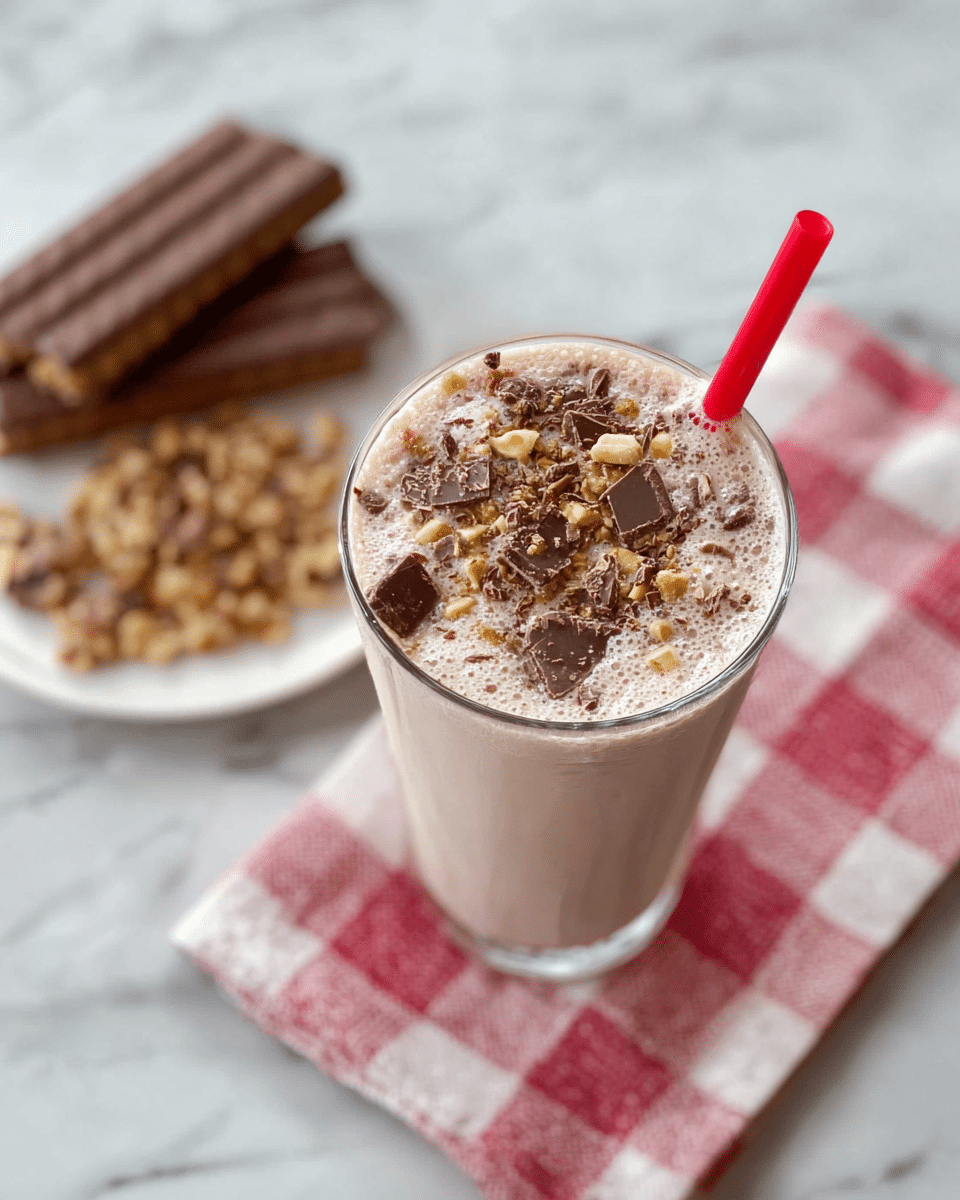 A creamy, light brown milkshake fills a clear glass, topped with small chunks of chocolate and crushed nuts scattered evenly on the frothy surface. A red straw is placed on the right side of the glass. The glass sits on a soft cloth with a red, white, and pink checkered pattern, and behind it to the left is a white plate holding more crushed nut and chocolate pieces. In the background on the cloth, two rectangular chocolate-covered wafers lay side by side. The scene is set on a white marbled surface. Photo taken with an iphone --ar 4:5 --v 7