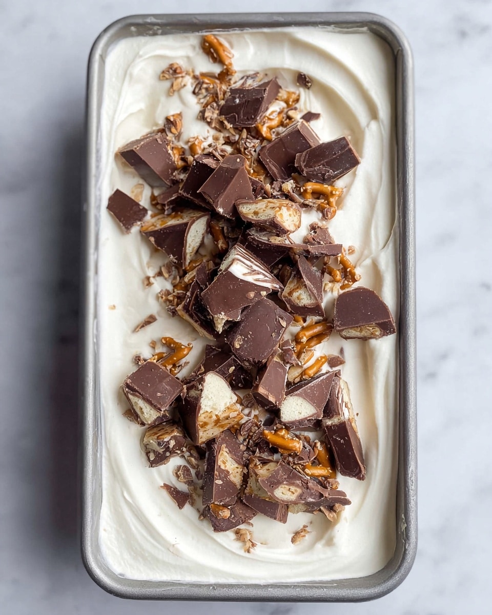 A rectangular metal container filled with a smooth, thick layer of white cream as the base. On top of this creamy layer, there is a scattered pile of chopped chocolate-covered pretzels, showing a mix of dark brown chocolate with crunchy golden-brown pretzel bits inside. The chocolate pieces vary in size and shape, some larger chunks and some smaller fragments, giving texture contrast to the silky cream below. The whole setup rests on a white marbled surface. photo taken with an iphone --ar 4:5 --v 7