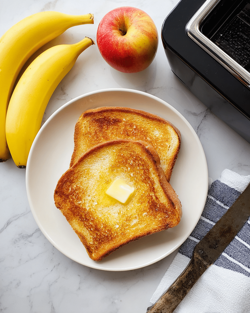 Two slices of golden brown toasted bread are stacked slightly off-center on a white plate, with a small patch of melted butter on the top slice. The top crust has a lightly toasted texture with a warm, crisp look, while the bottom slice is partially visible underneath. A butter knife with a dark, rustic handle rests on the edge of the plate to the right, near a white cloth with blue stripes. To the upper left on a white marbled surface, three bright yellow bananas and one red apple with subtle yellow highlights are placed. Near the top right corner, a black toaster with a silver front slot is partially visible. photo taken with an iphone --ar 4:5 --v 7
