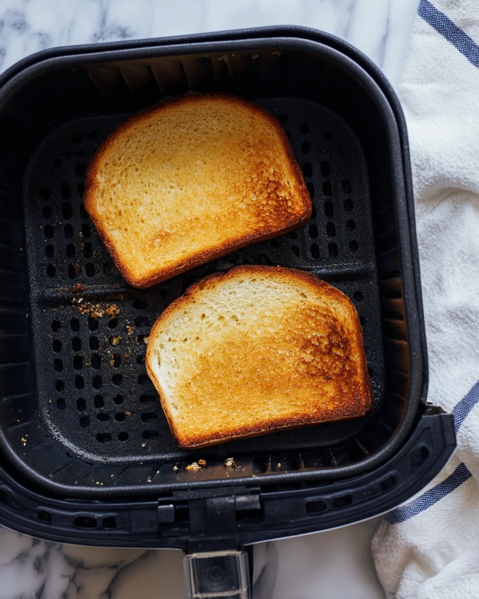 The image shows two slices of toasted bread inside a black air fryer basket. Both slices have a warm golden-brown color with slightly darker edges, showing a crisp texture on top. The bread crust on one slice remains un-toasted and is visible along its curve. The air fryer basket has a grid pattern at the bottom and shows some signs of use with small crumbs and marks. The basket sits on a white marbled surface with a white fabric cloth with blue stripes partially visible to the right side of the image. photo taken with an iphone --ar 4:5 --v 7